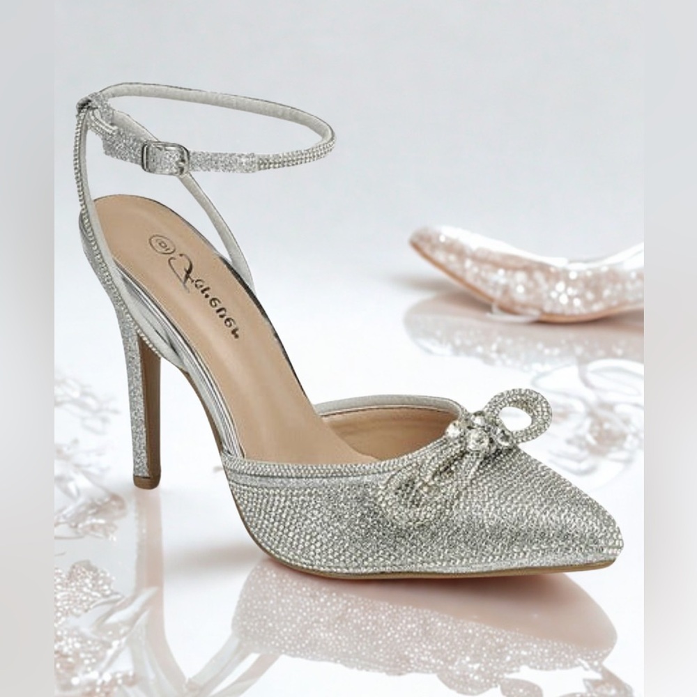 Sparkly Double Rhinestone Bow Pointed Toe High Heels - Forever